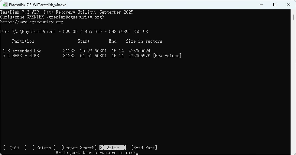 TestDisk 將分割區結構寫入硬碟