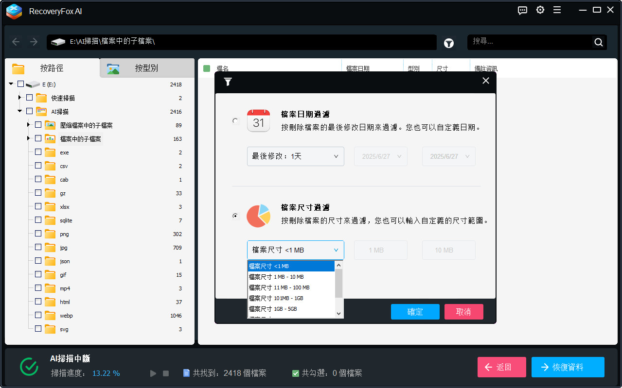 RecoveryFox AI 的篩選選項