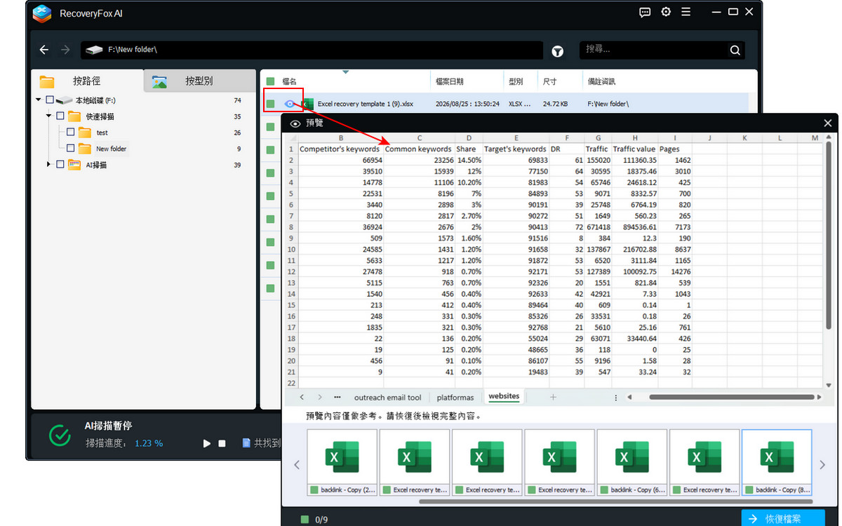 預覽可恢復的 Excel 檔案