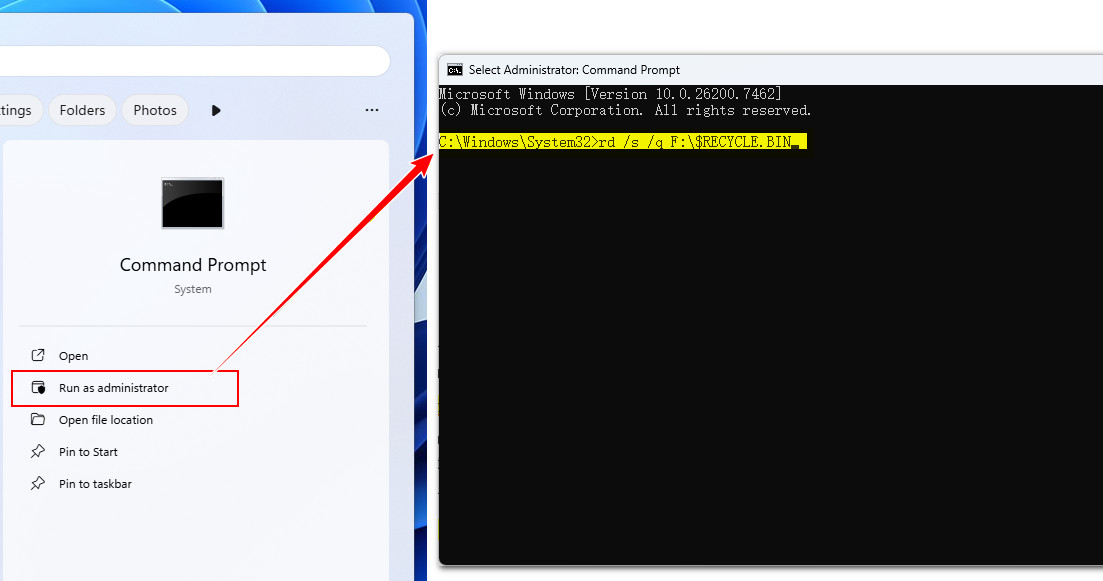 透過命令提示字元強制清空資源回收筒