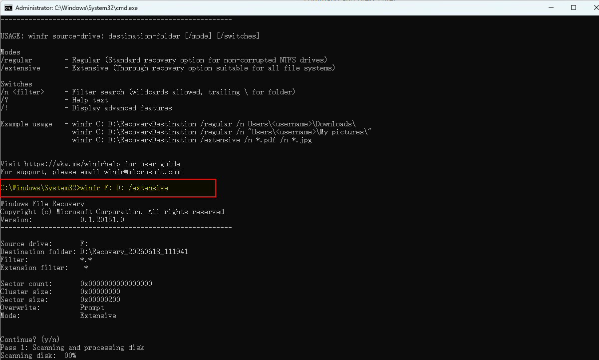 Windows File Recovery 開始從 USB 救回檔案