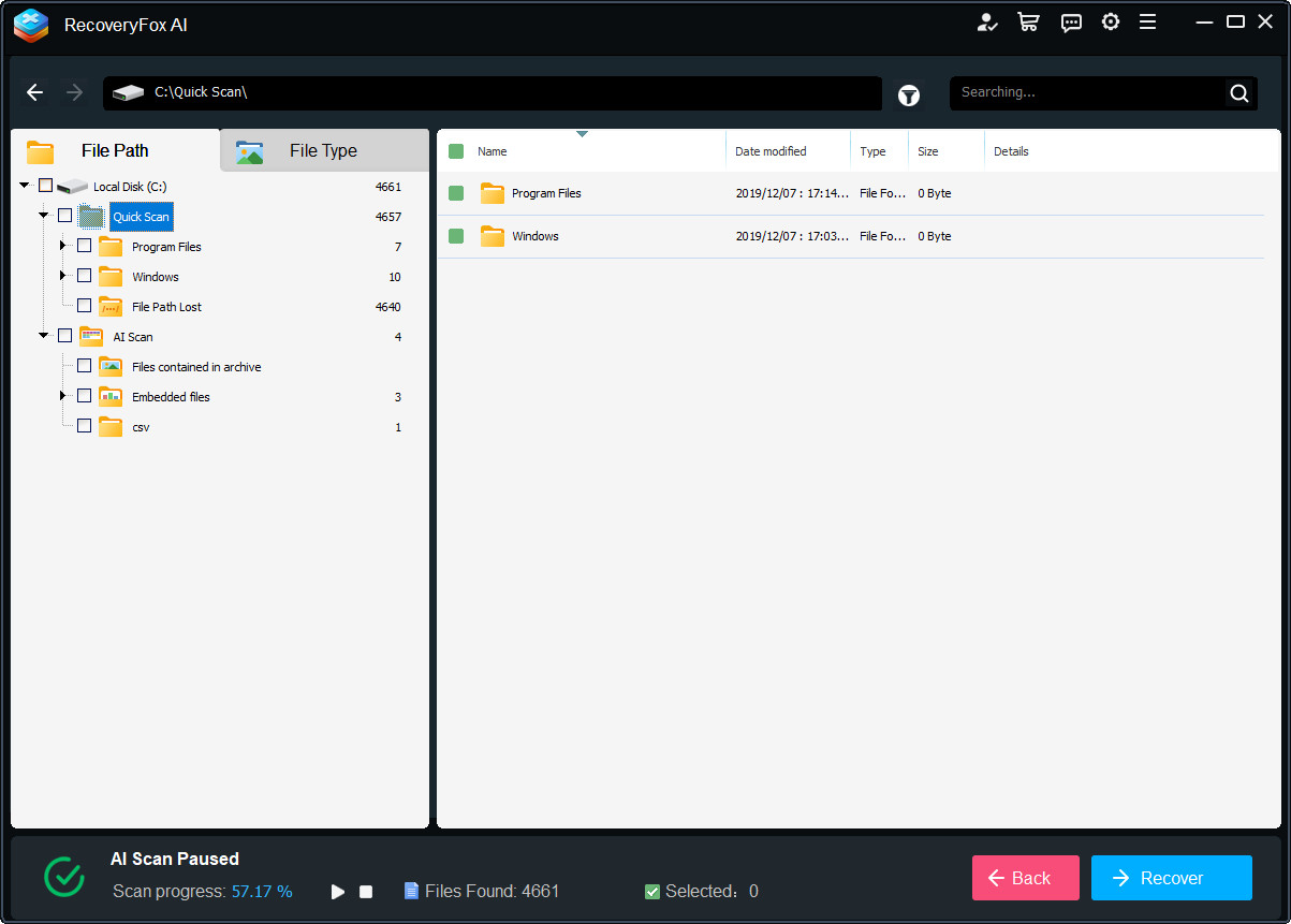RecoveryFox AI 文件路径菜单