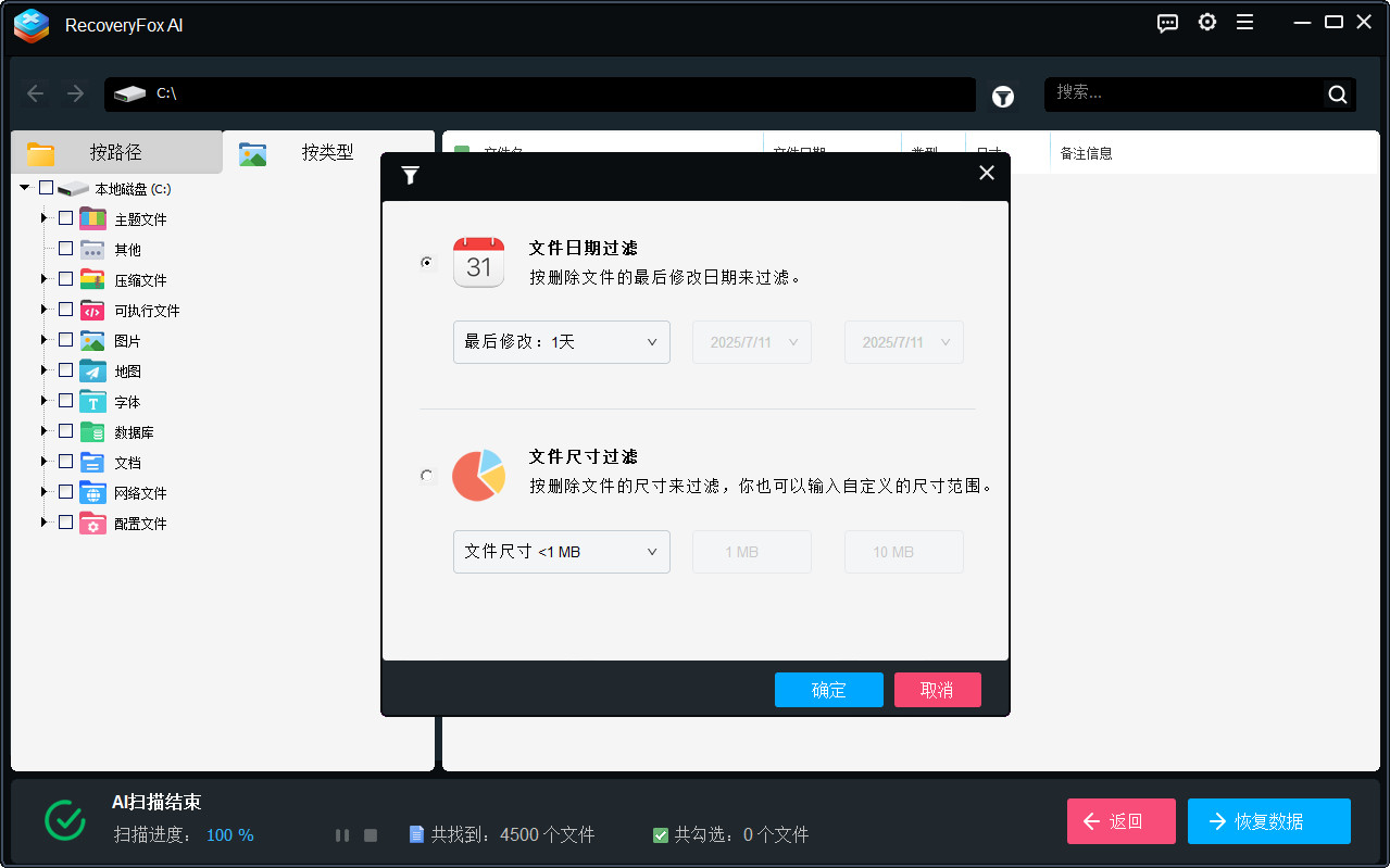 RecoveryFox AI 筛选选项