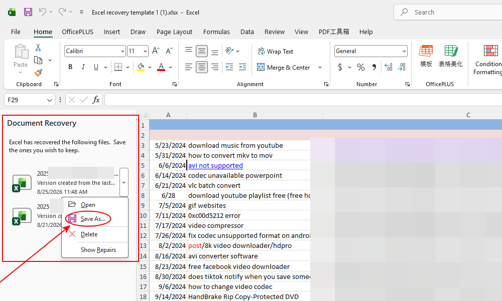 Excel 文档恢复窗格