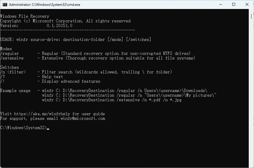 Windows File Recovery 命令窗口