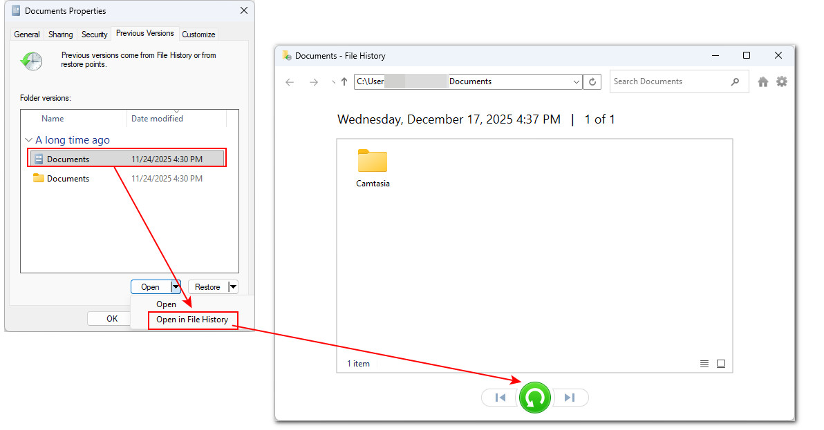 文件历史记录恢复 Windows 11 已删除文件