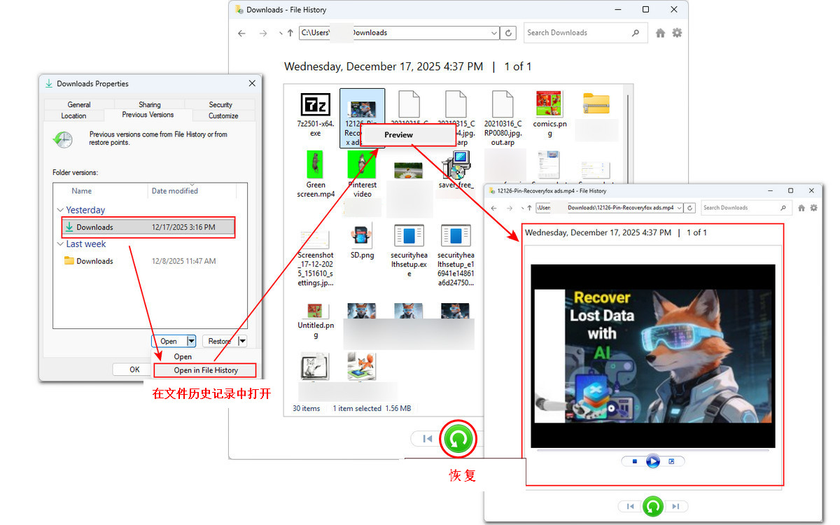 打开所选的以前版本