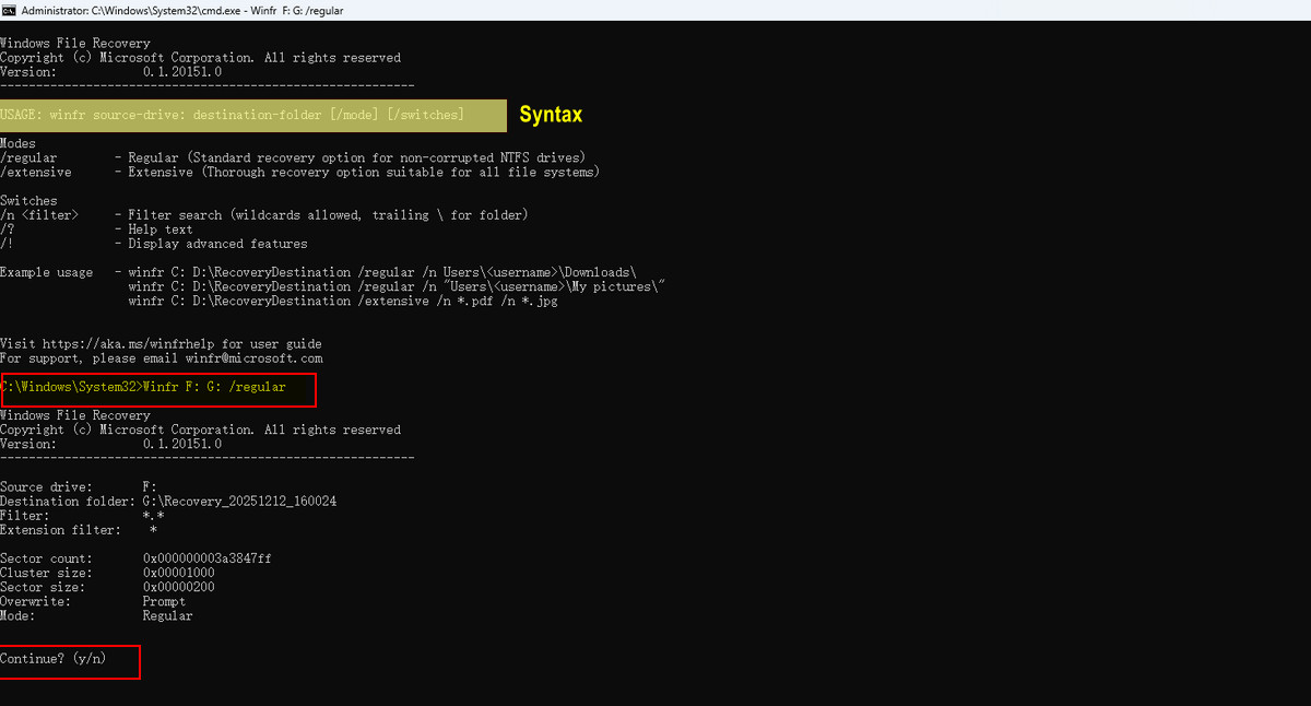 恢复所有丢失文件的命令示例